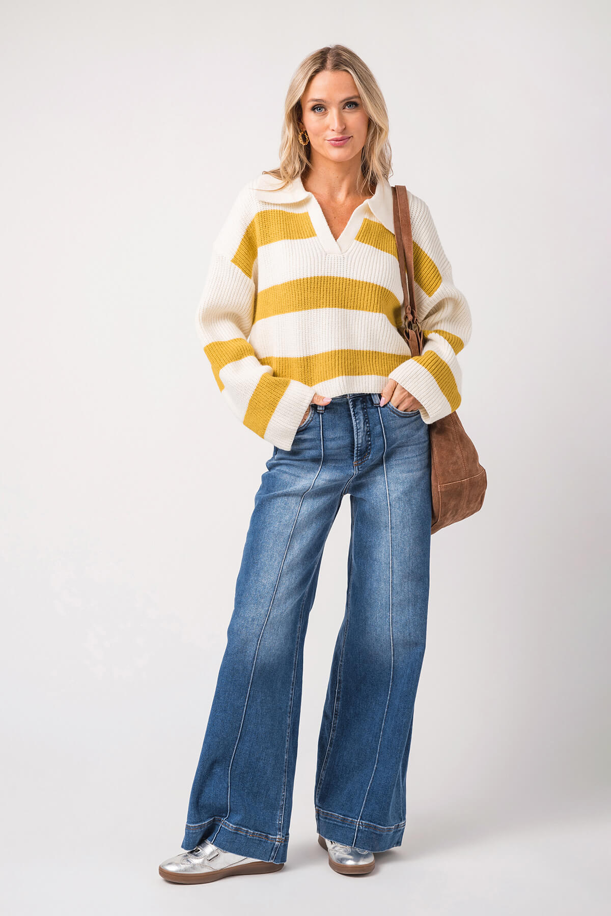 Buttermelon Stripe Drop Shoulder with Wide Collar Sweater