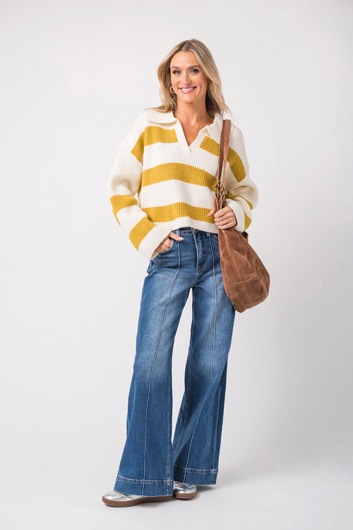 Buttermelon Stripe Drop Shoulder with Wide Collar Sweater