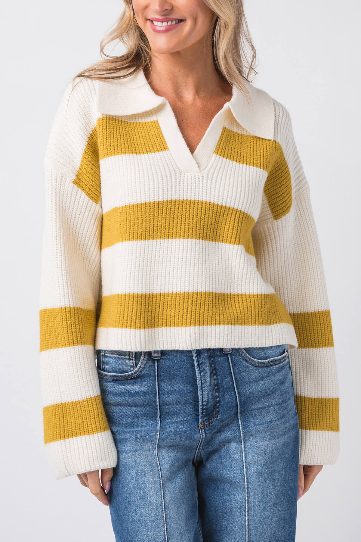 Buttermelon Stripe Drop Shoulder with Wide Collar Sweater