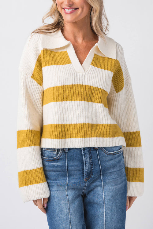 Buttermelon Stripe Drop Shoulder with Wide Collar Sweater