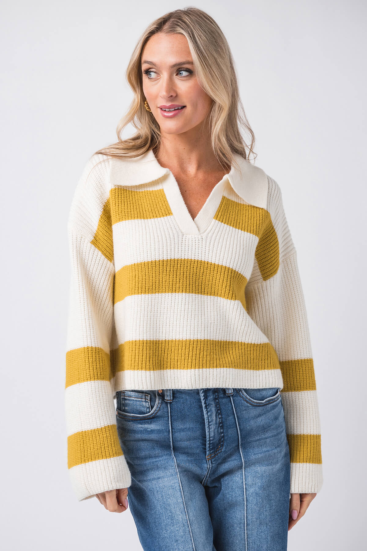 Buttermelon Stripe Drop Shoulder with Wide Collar Sweater