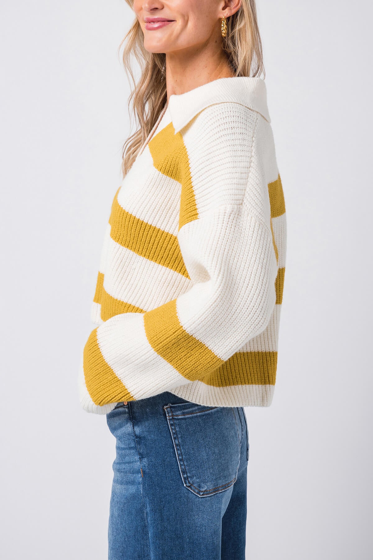 Buttermelon Stripe Drop Shoulder with Wide Collar Sweater