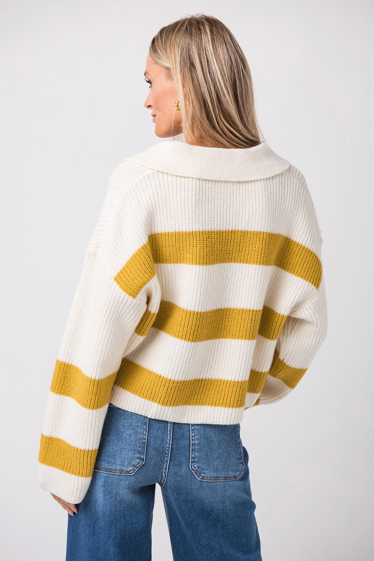 Buttermelon Stripe Drop Shoulder with Wide Collar Sweater