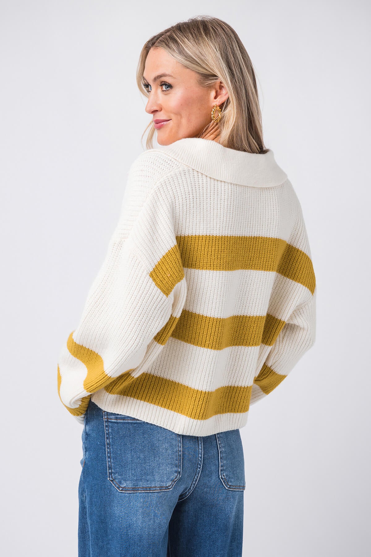 Buttermelon Stripe Drop Shoulder with Wide Collar Sweater