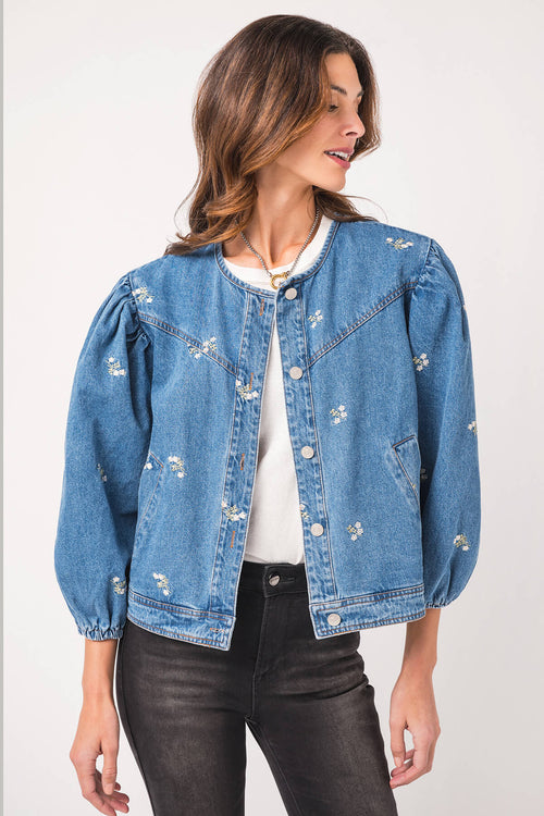 Heyson Embroidered Denim Jacket with Puff Sleeves