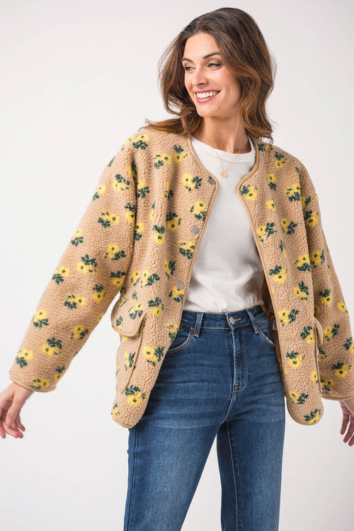 Mable Floral Sherpa Fleece Snap Button Jacket