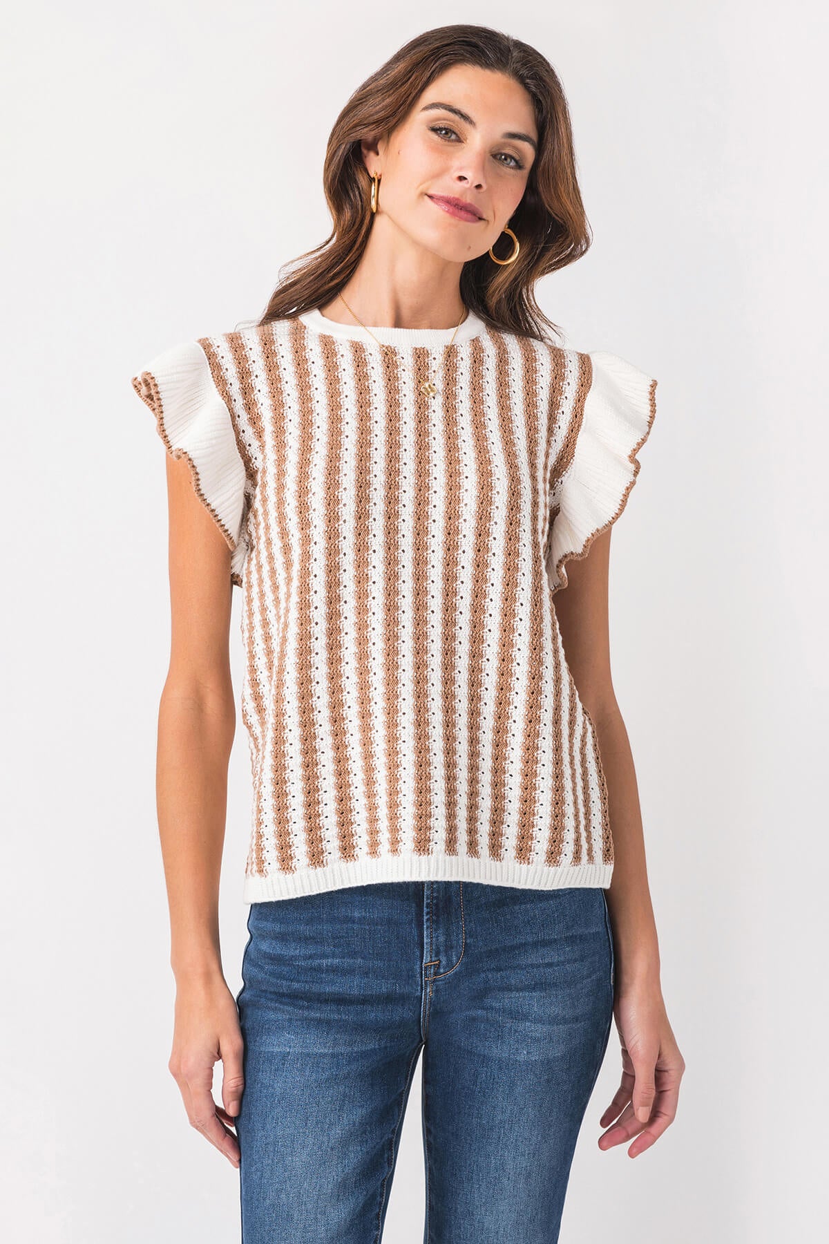 Wishlist Crochet Striped Ruffle Detail Sweater