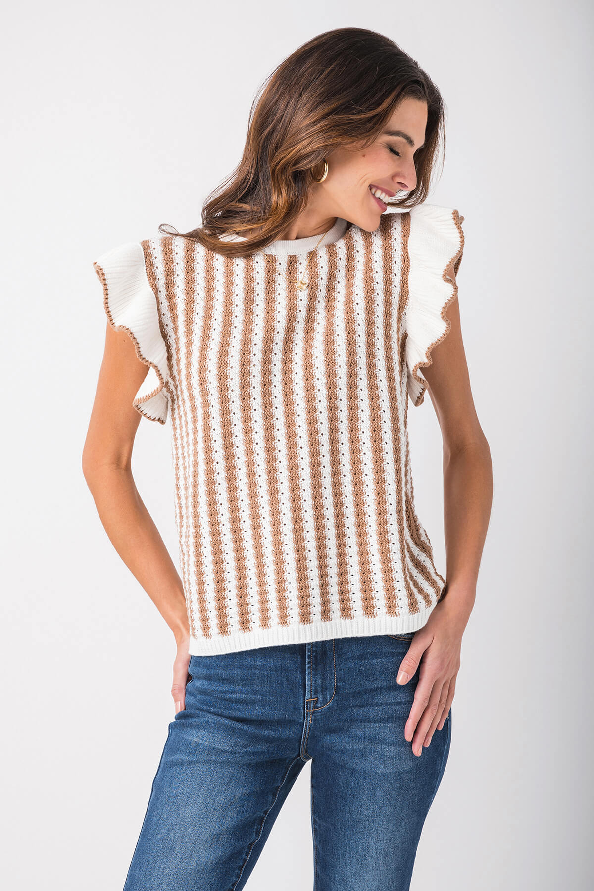 Wishlist Crochet Striped Ruffle Detail Sweater