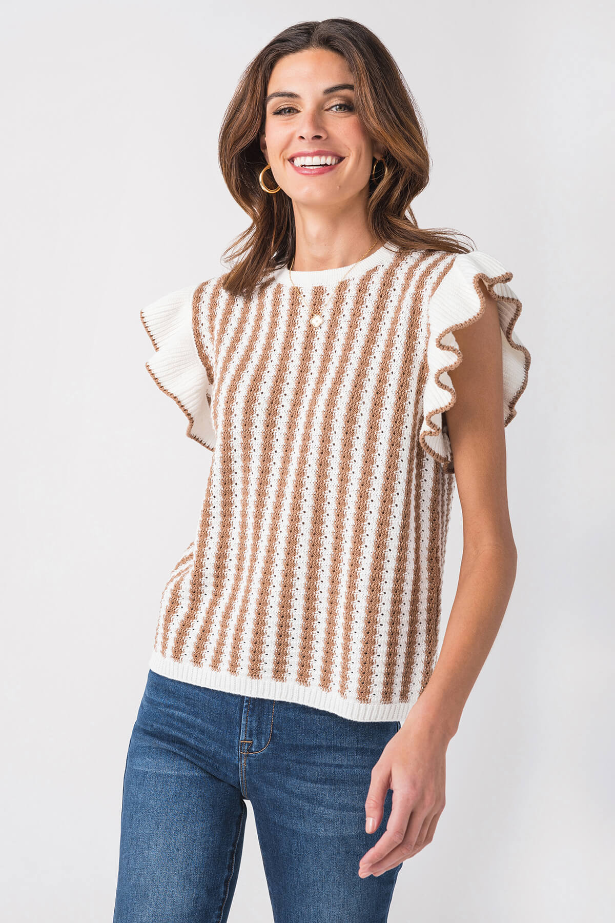 Wishlist Crochet Striped Ruffle Detail Sweater