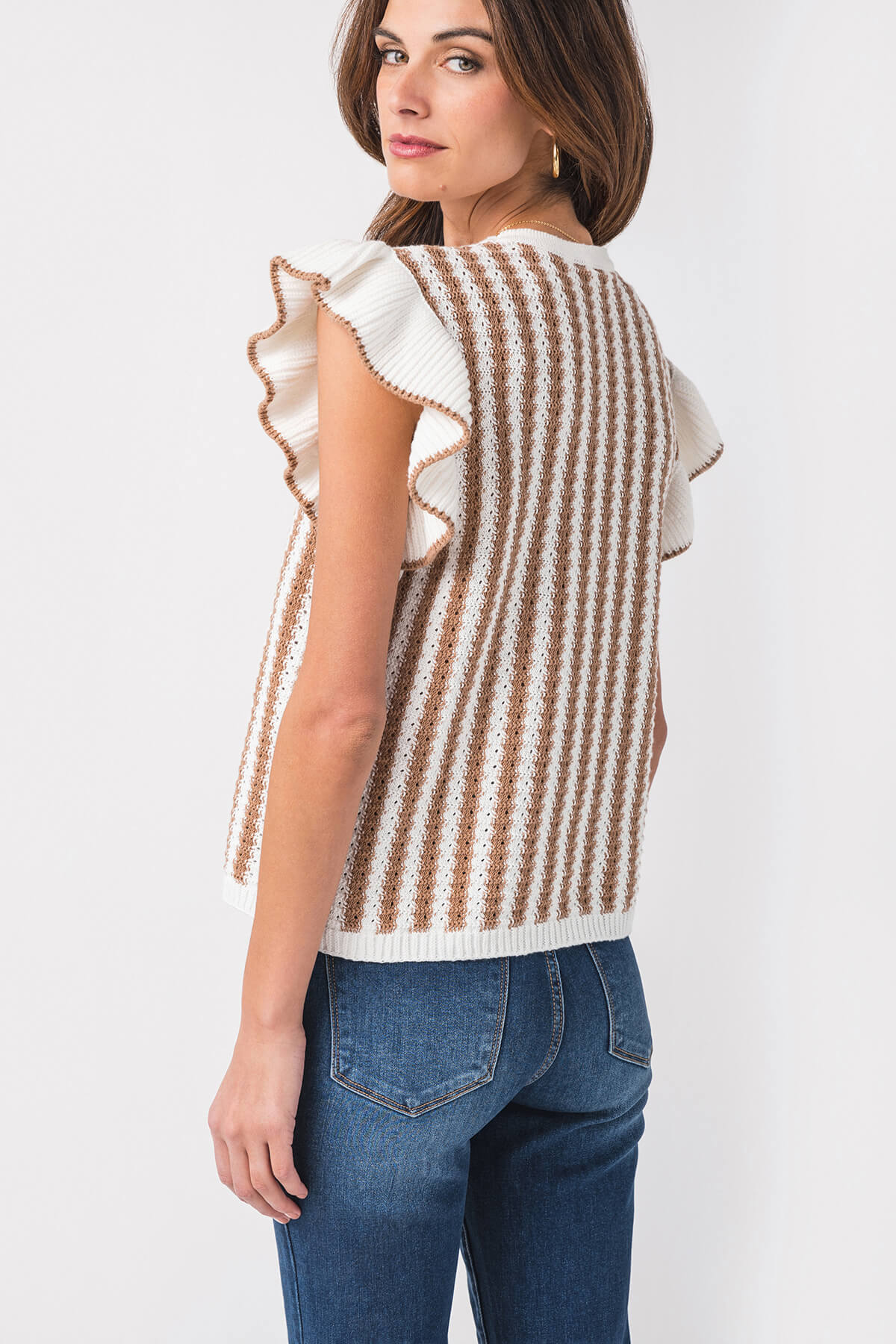 Wishlist Crochet Striped Ruffle Detail Sweater