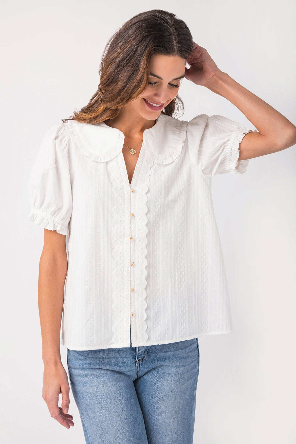 Gigio Short Puff Sleeve Blouse with Peter Pan Collar