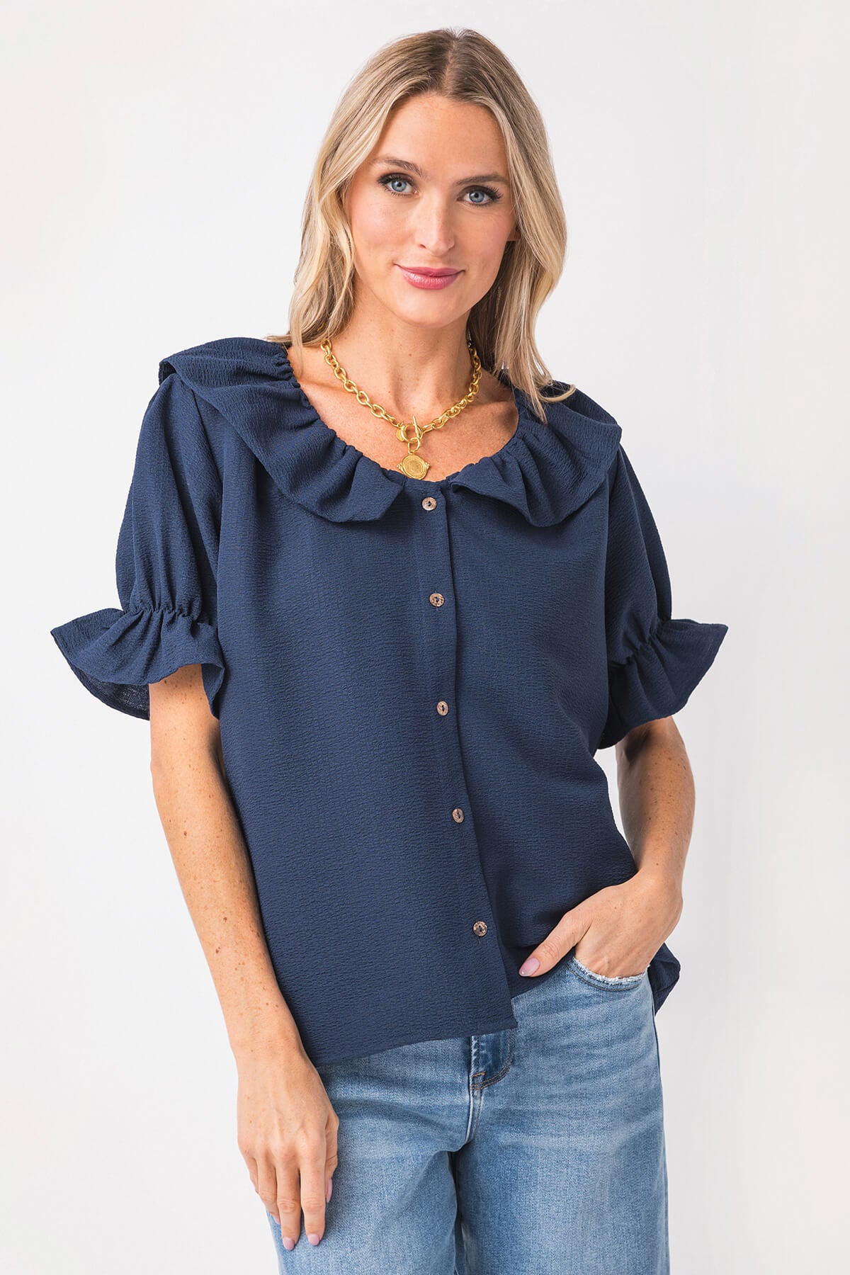 Gigio Button Up Blouse W/ Frilled Collar & Sleeves