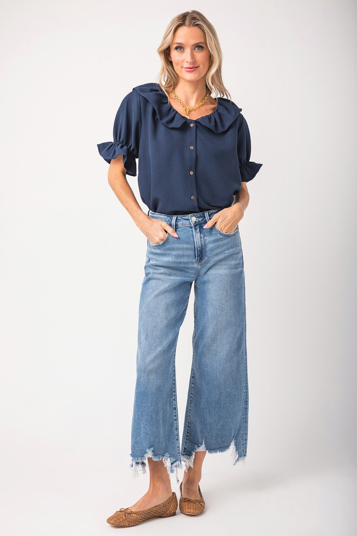 Risen Bobbie Rise Step Hem Crop Wide Leg Jeans