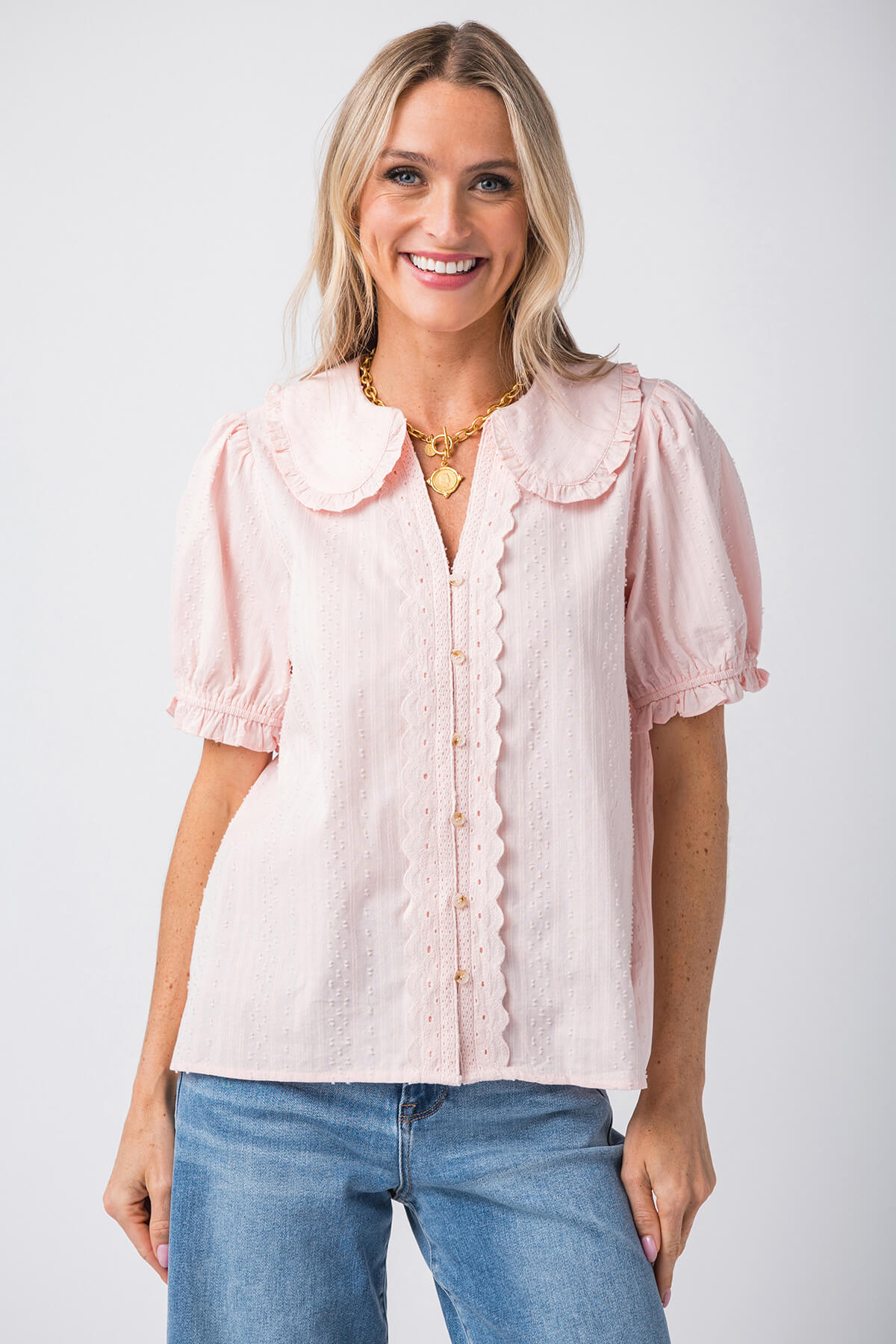 Gigio Short Puff Sleeve Blouse with Peter Pan Collar