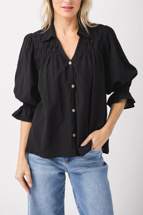 Fate 3/4 Sleeve Smocking Detail Button Down Top