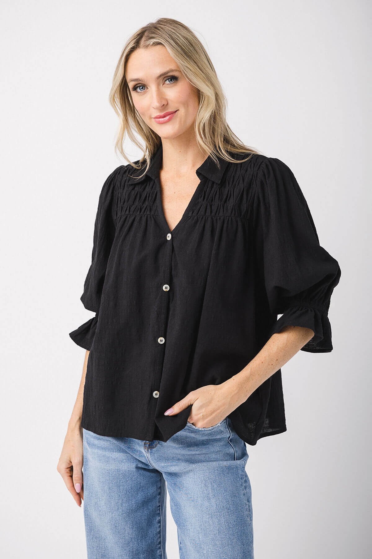 Fate 3/4 Sleeve Smocking Detail Button Down Top