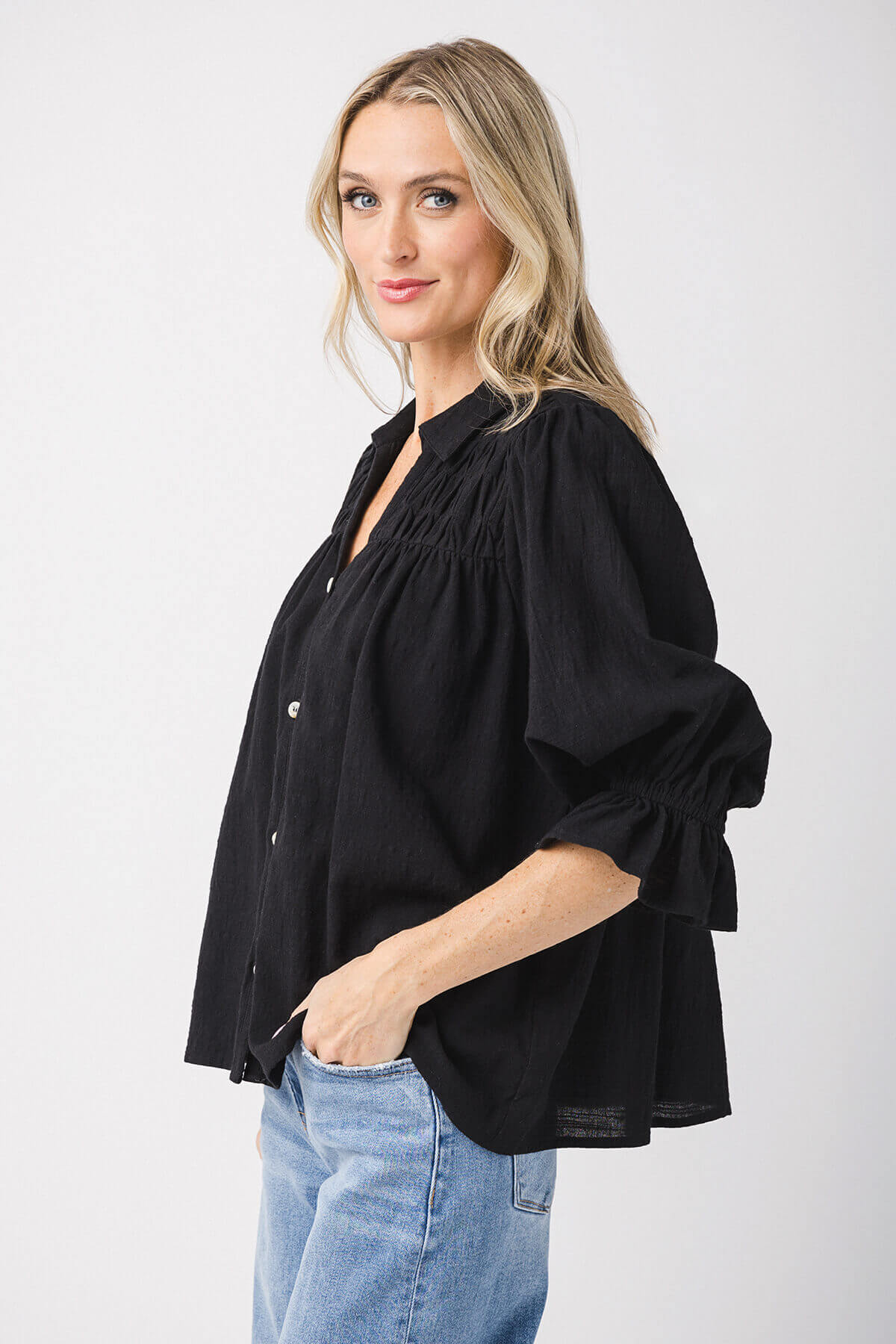 Fate 3/4 Sleeve Smocking Detail Button Down Top