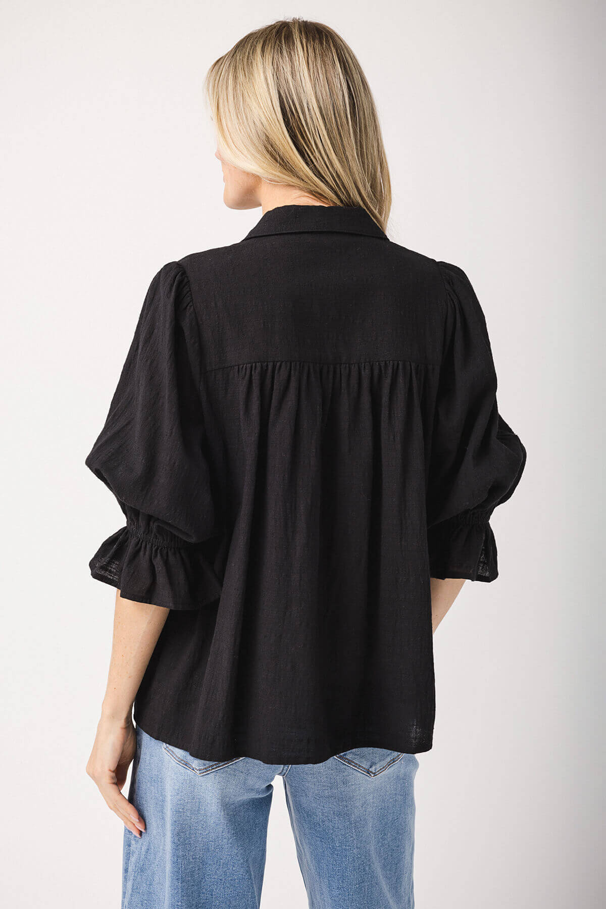 Fate 3/4 Sleeve Smocking Detail Button Down Top