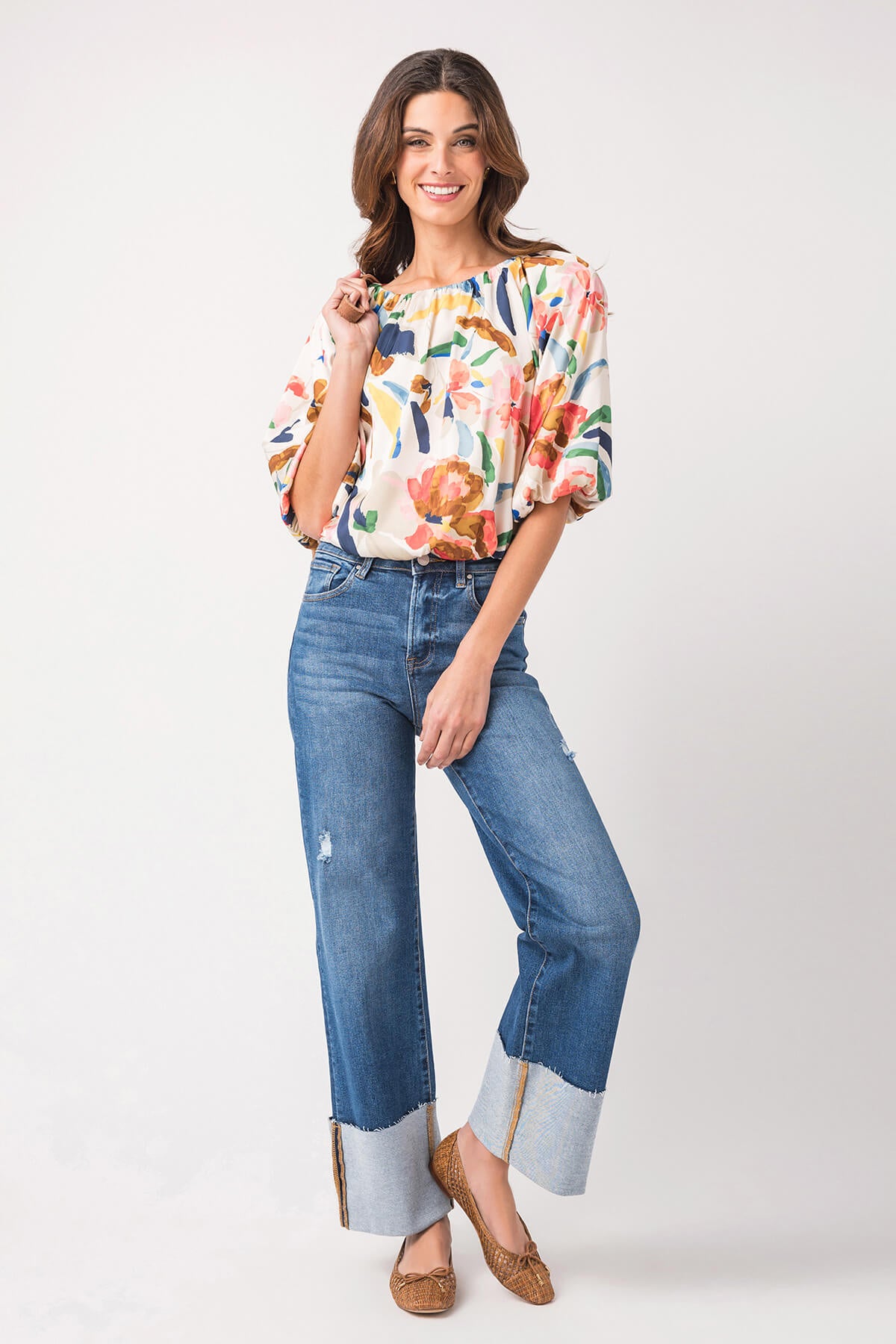 THML Puff Sleeve Flowy Print Blouse