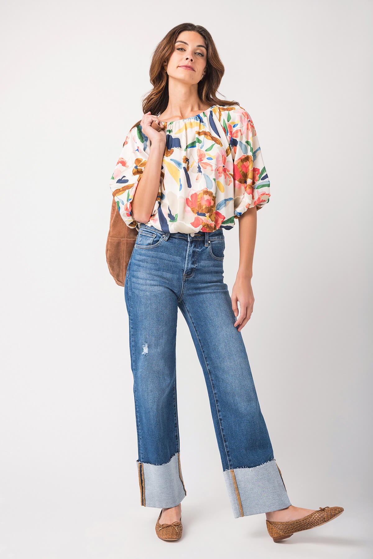 THML Puff Sleeve Flowy Print Blouse