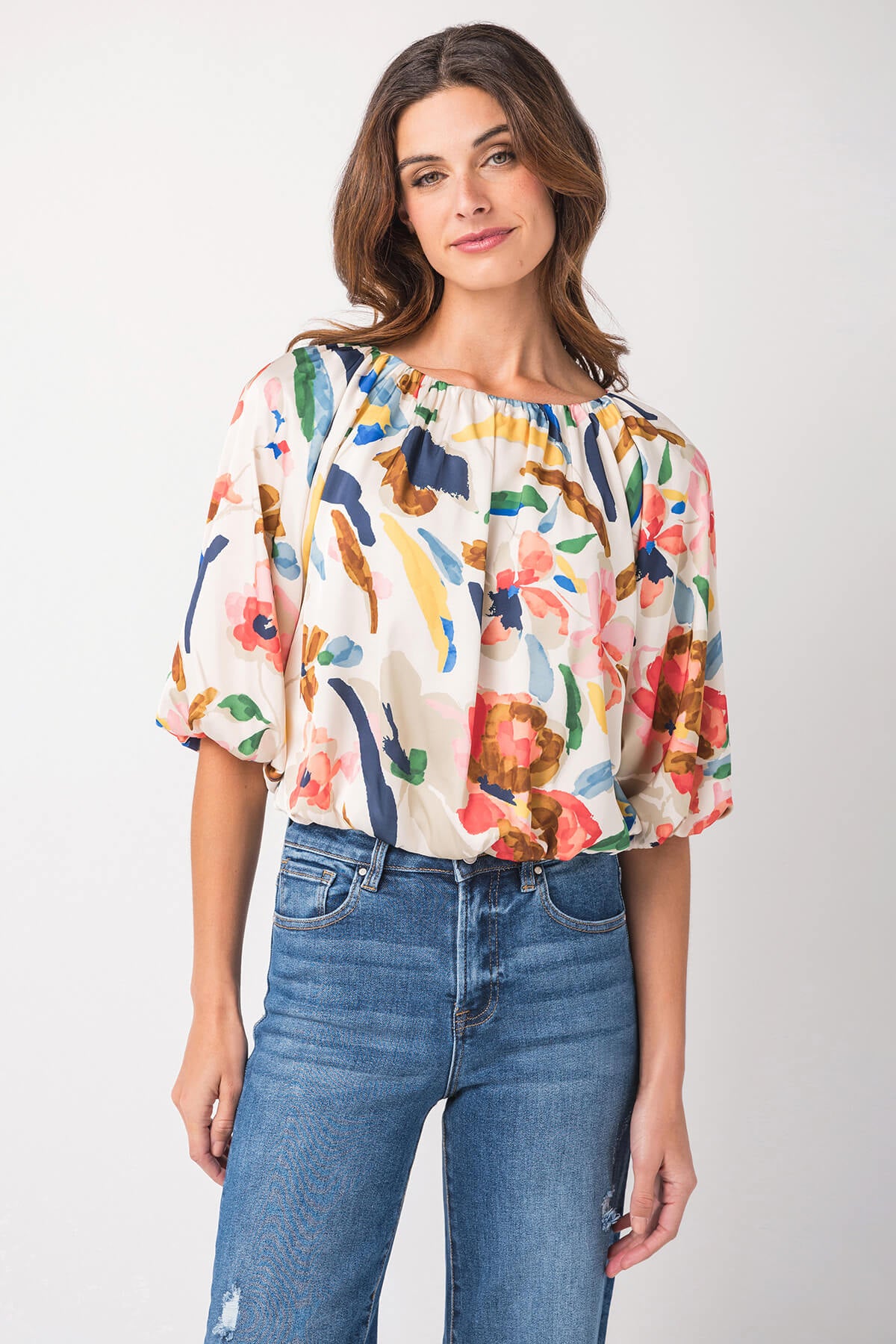 THML Puff Sleeve Flowy Print Blouse