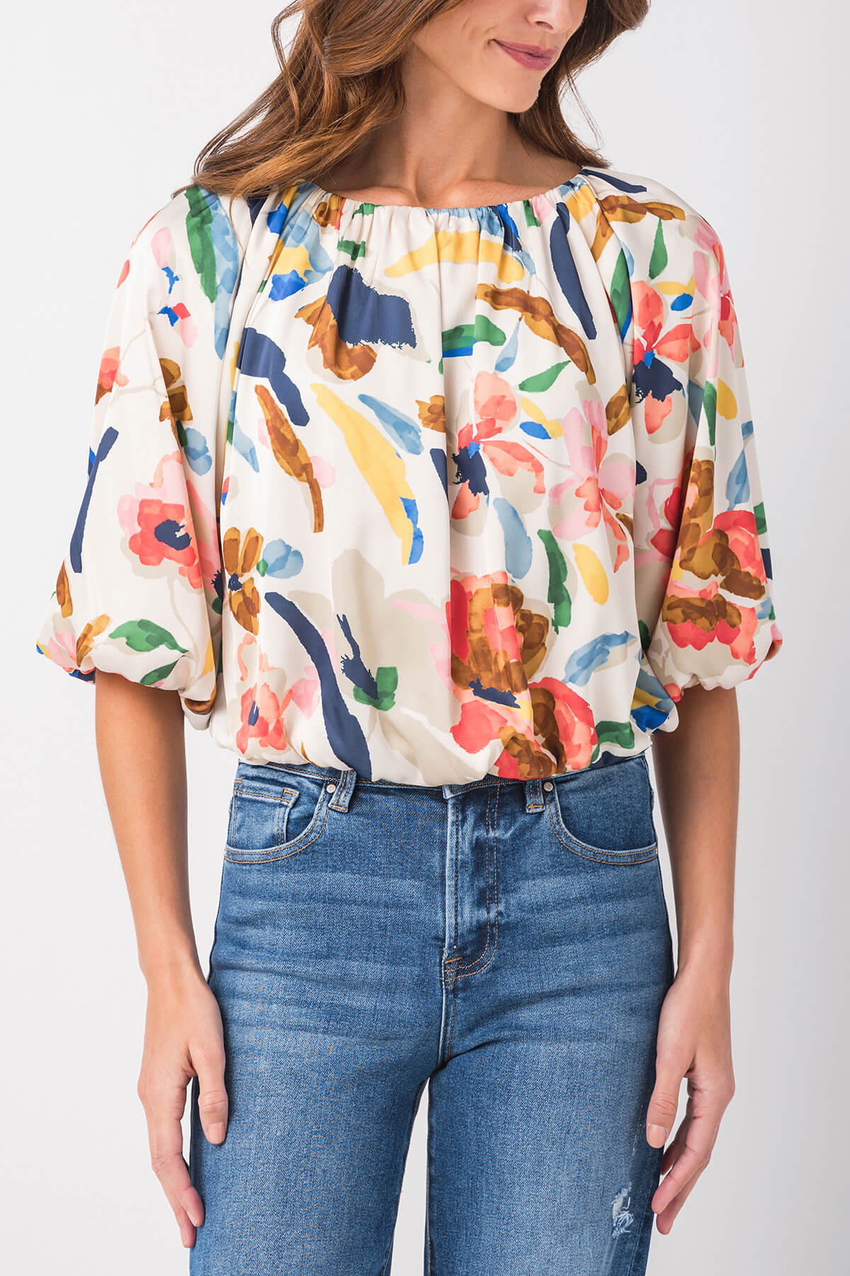 THML Puff Sleeve Flowy Print Blouse