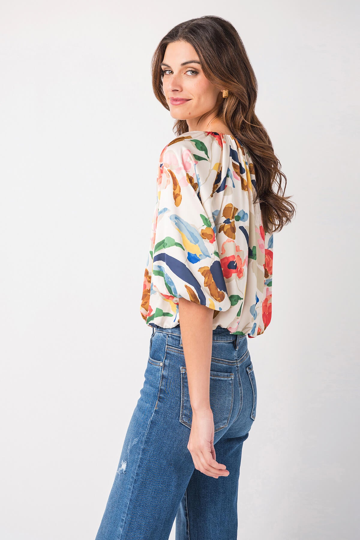 THML Puff Sleeve Flowy Print Blouse