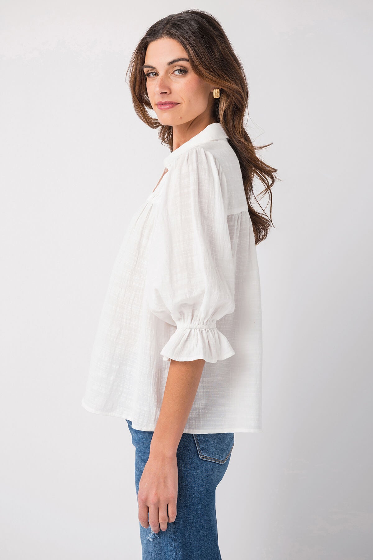 Fate 3/4 Sleeve Smocking Detail Button Down Top