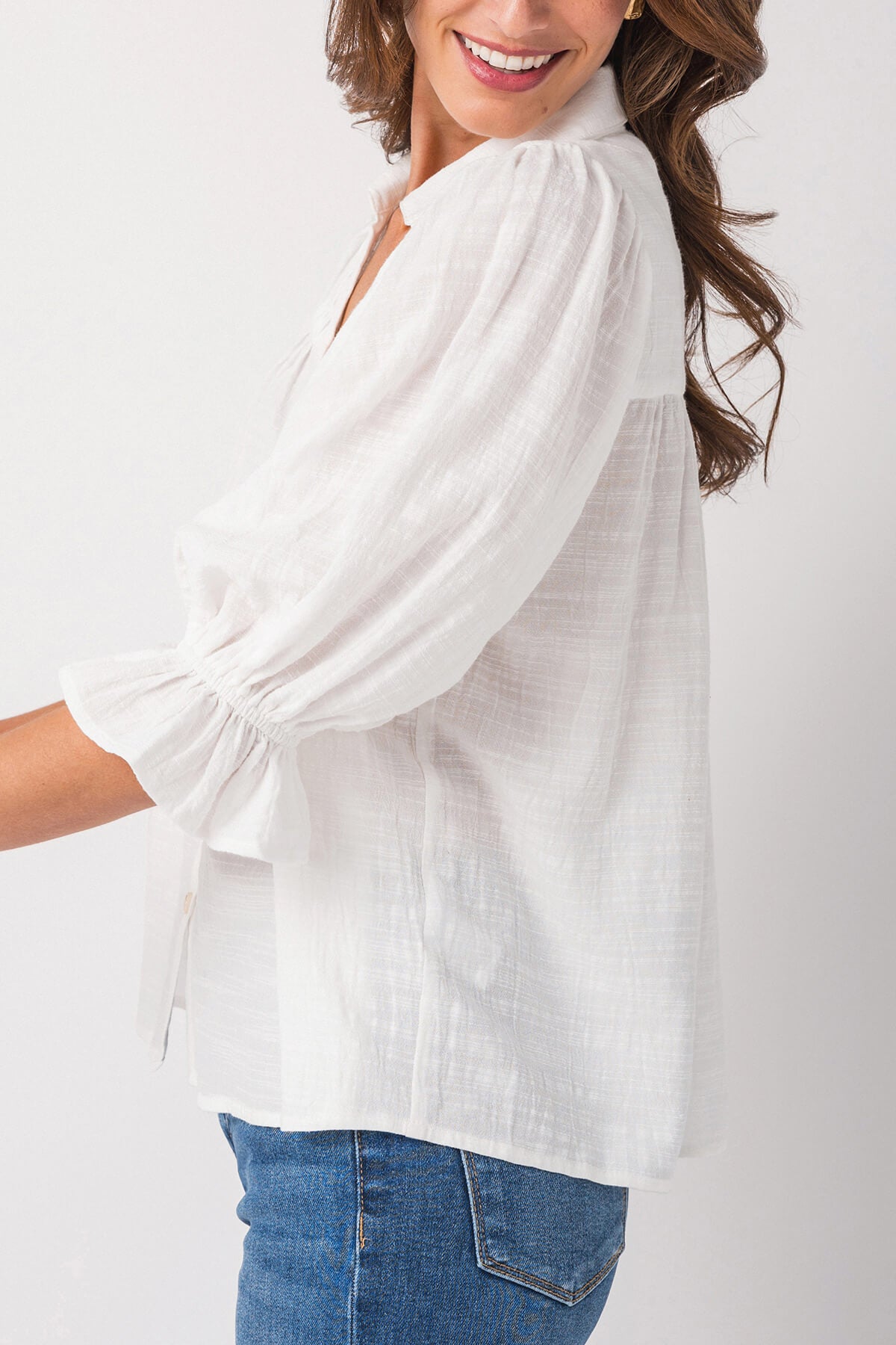 Fate 3/4 Sleeve Smocking Detail Button Down Top