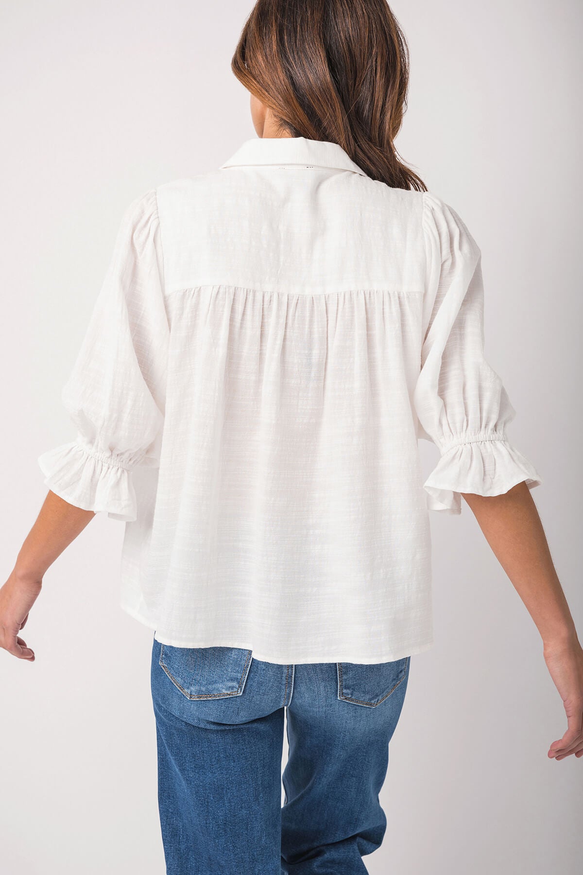 Fate 3/4 Sleeve Smocking Detail Button Down Top