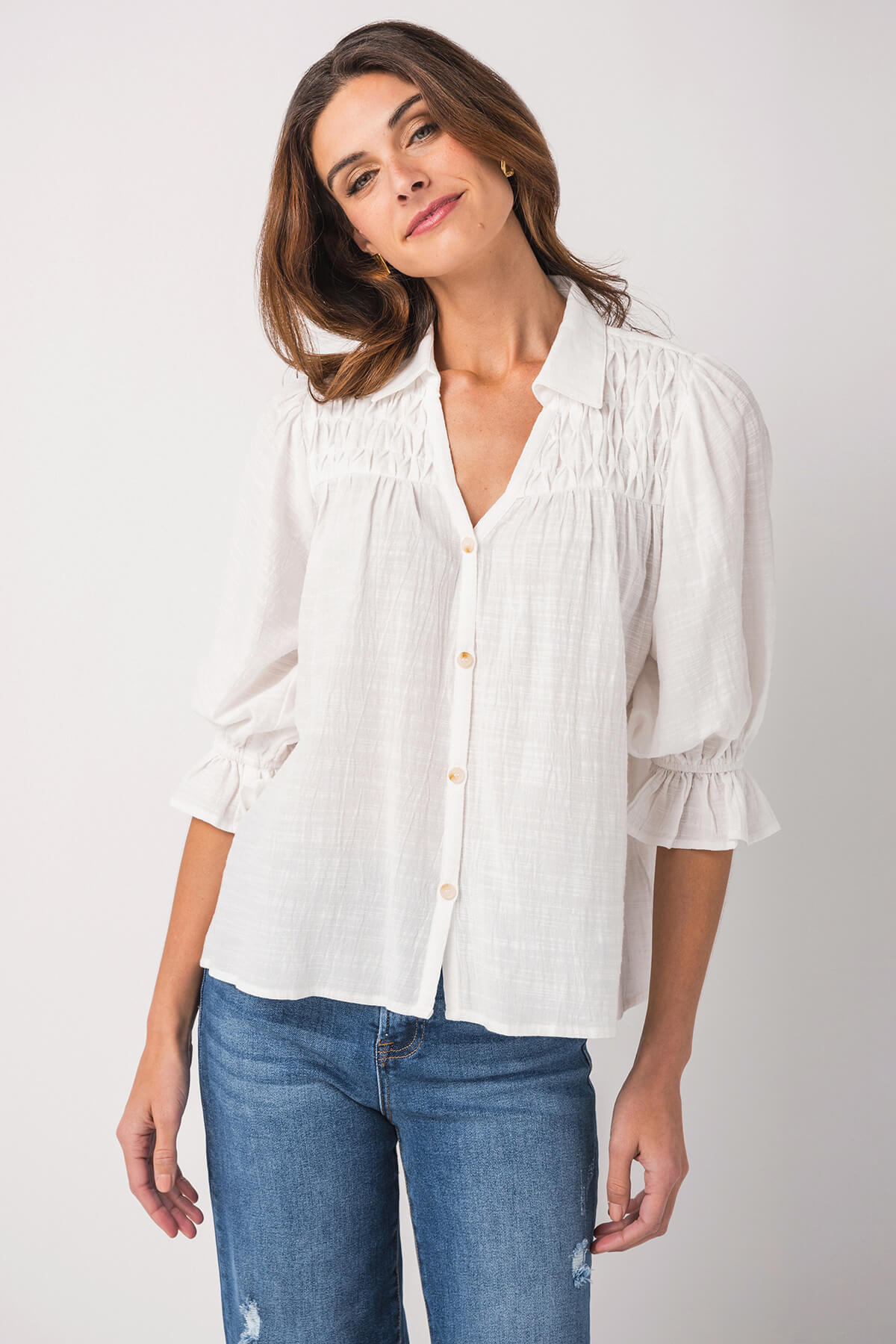 Fate 3/4 Sleeve Smocking Detail Button Down Top