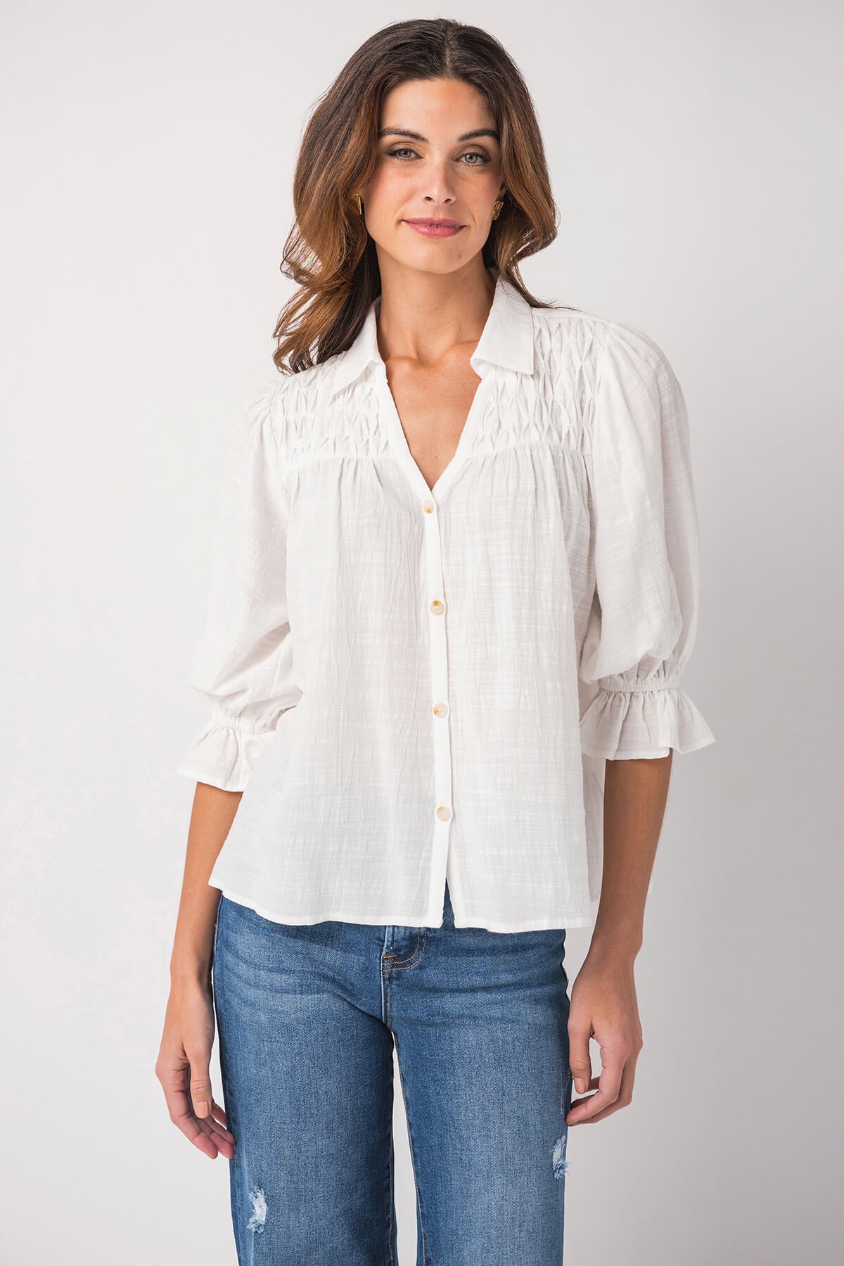 Fate 3/4 Sleeve Smocking Detail Button Down Top