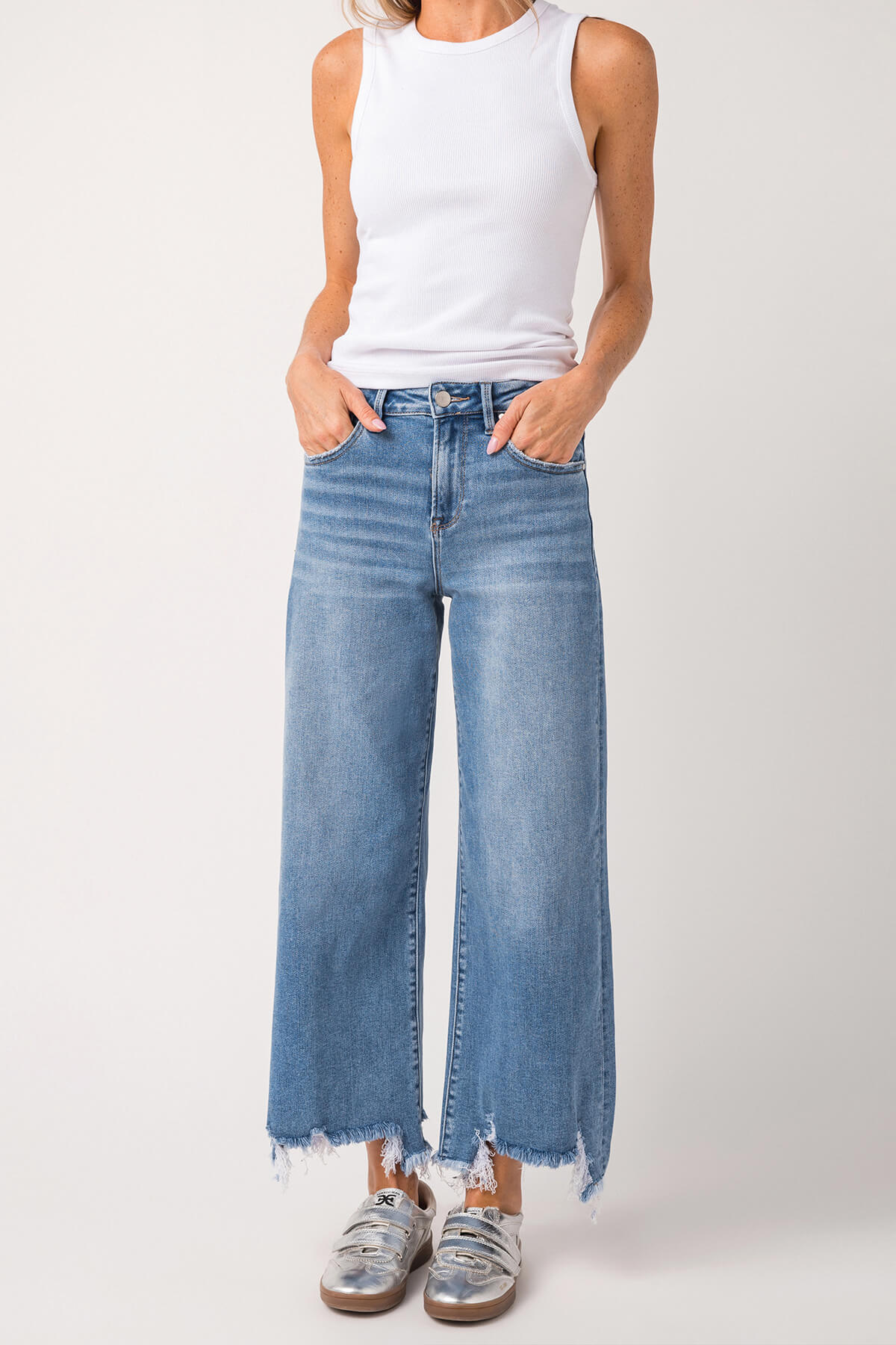 Risen Bobbie Rise Step Hem Crop Wide Leg Jeans