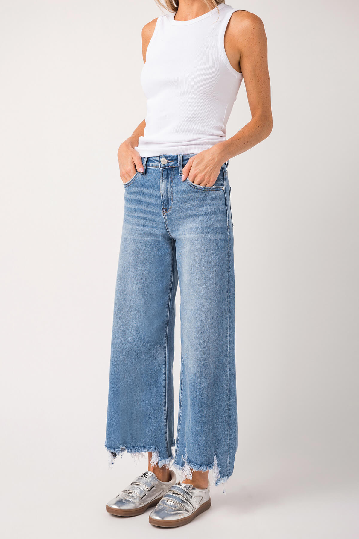 Risen Bobbie Rise Step Hem Crop Wide Leg Jeans