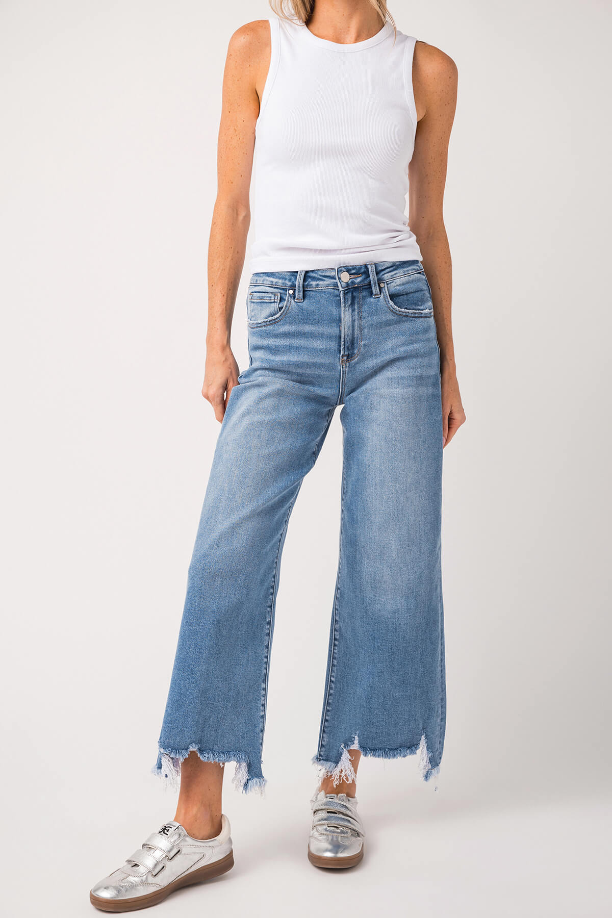 Risen Bobbie Rise Step Hem Crop Wide Leg Jeans