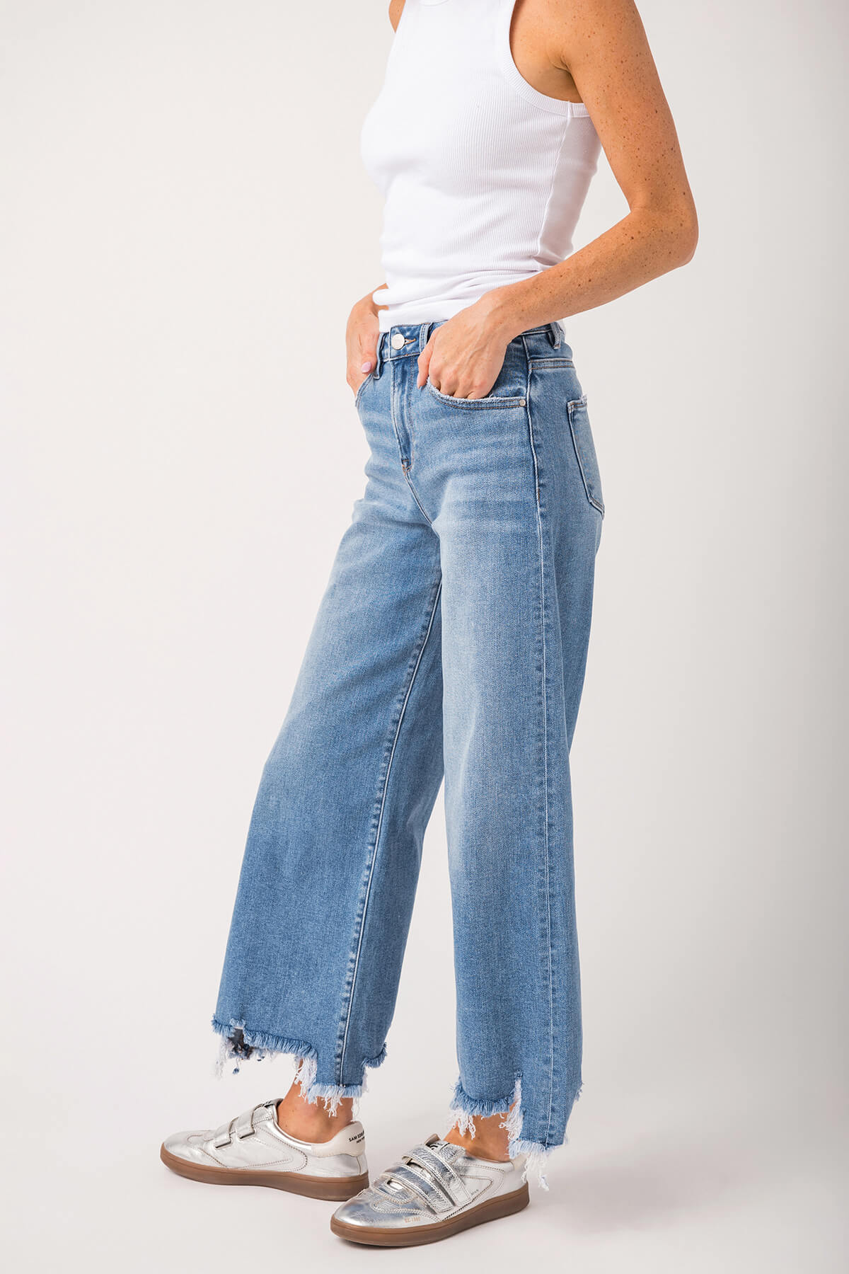 Risen Bobbie Rise Step Hem Crop Wide Leg Jeans