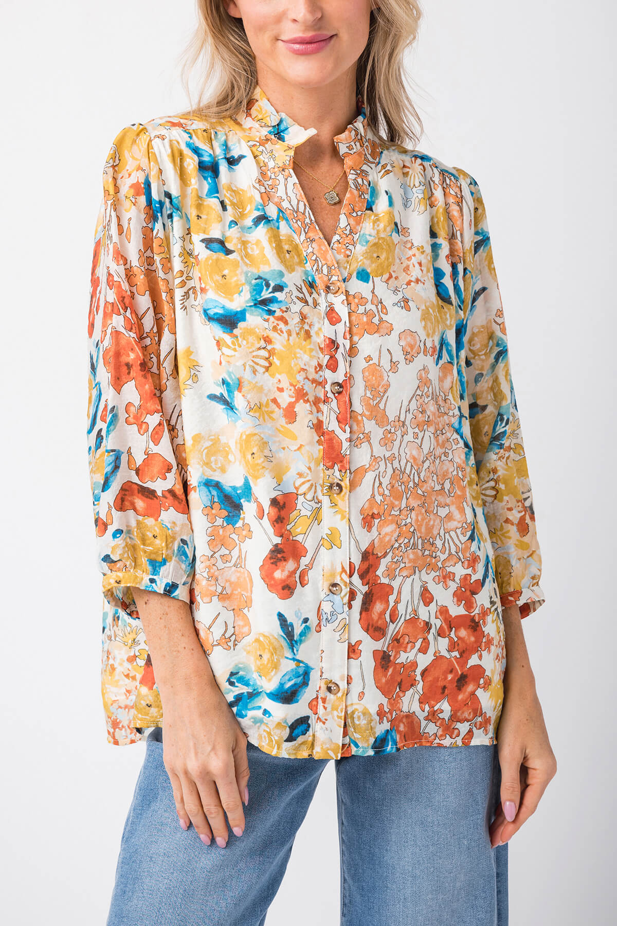 Jodifl Floral Chiffon 3/4 Sleeves Top