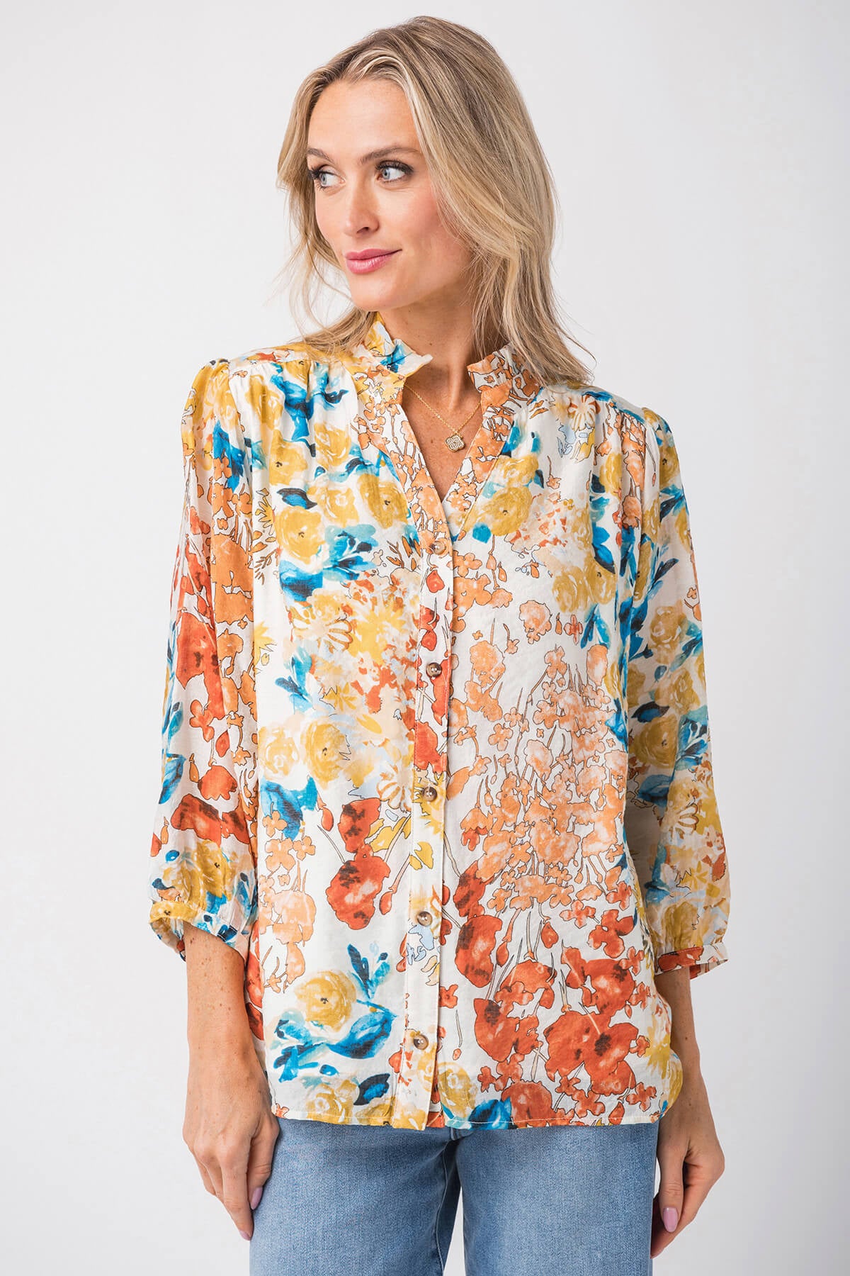 Jodifl Floral Chiffon 3/4 Sleeves Top