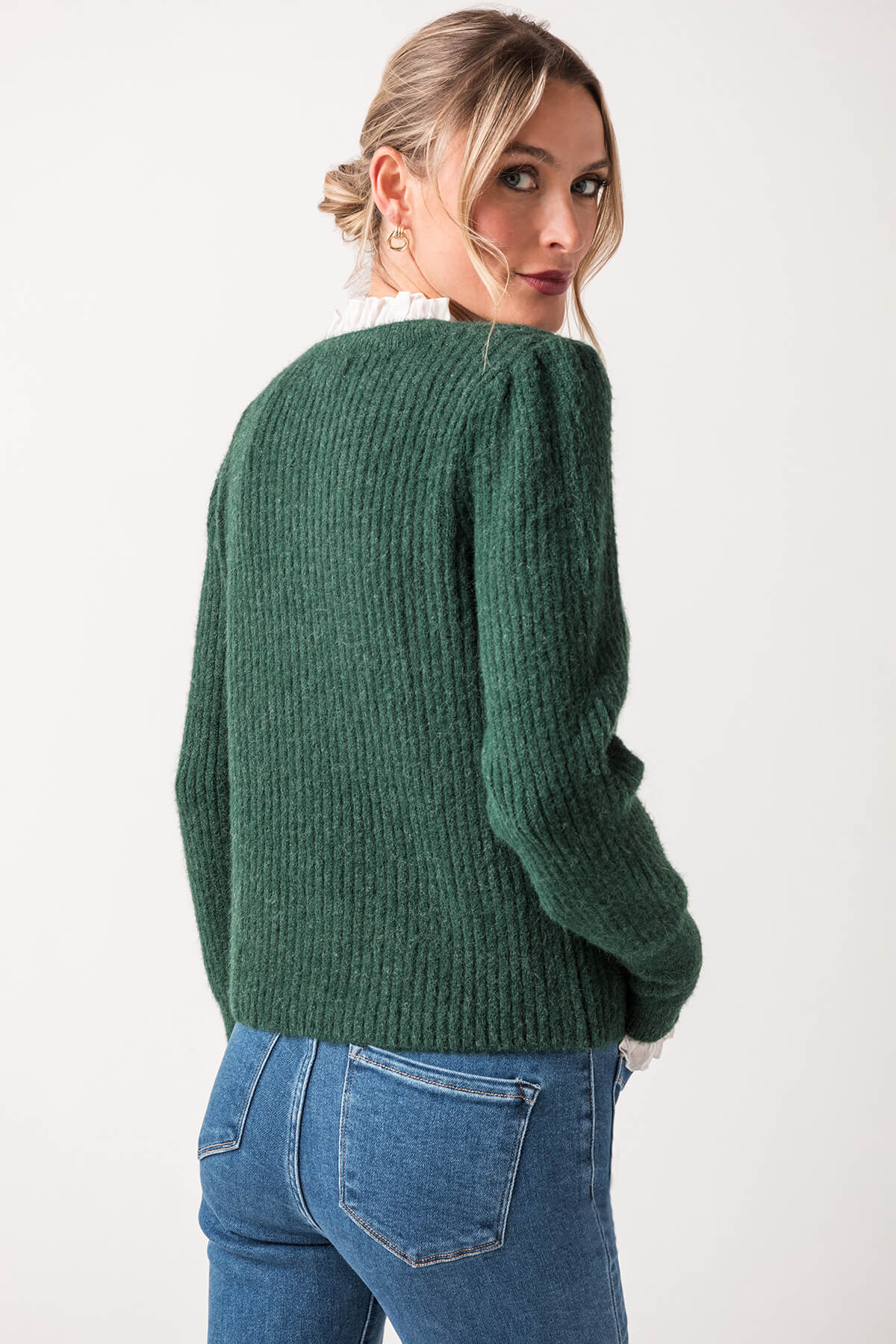 Pinch Knit Combo Ruffle Neck Sweater Medium Hunter Green