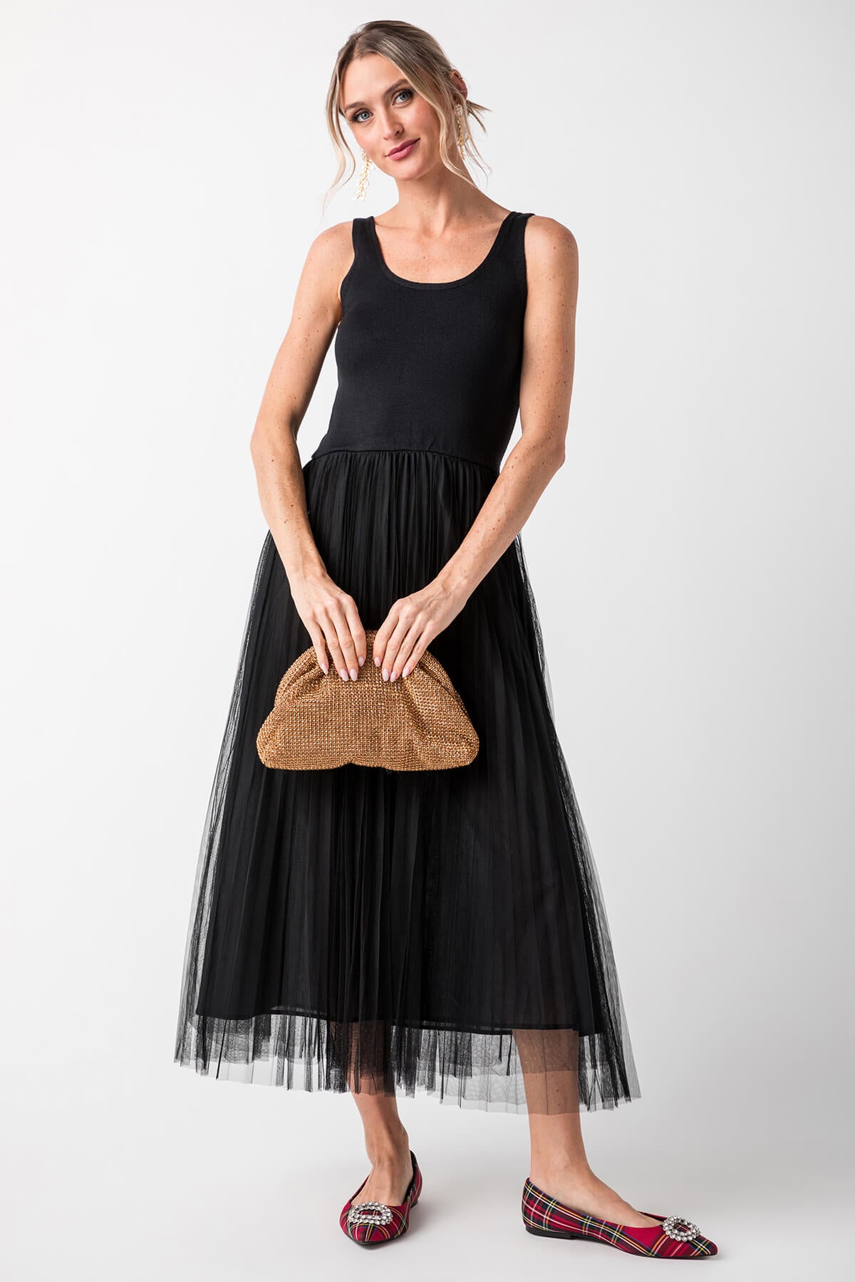 Elan Mixed Media Tulle Midi Dress