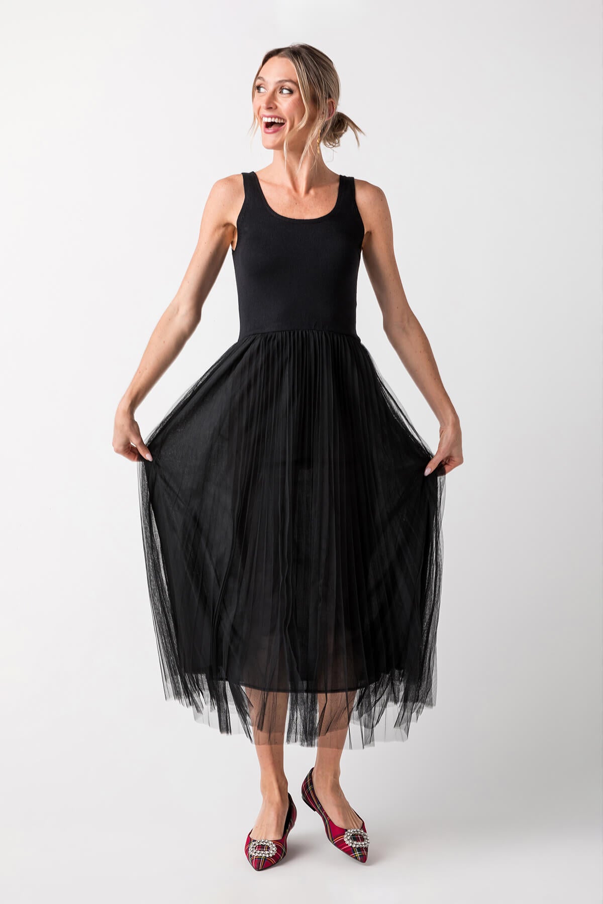 Elan Mixed Media Tulle Midi Dress