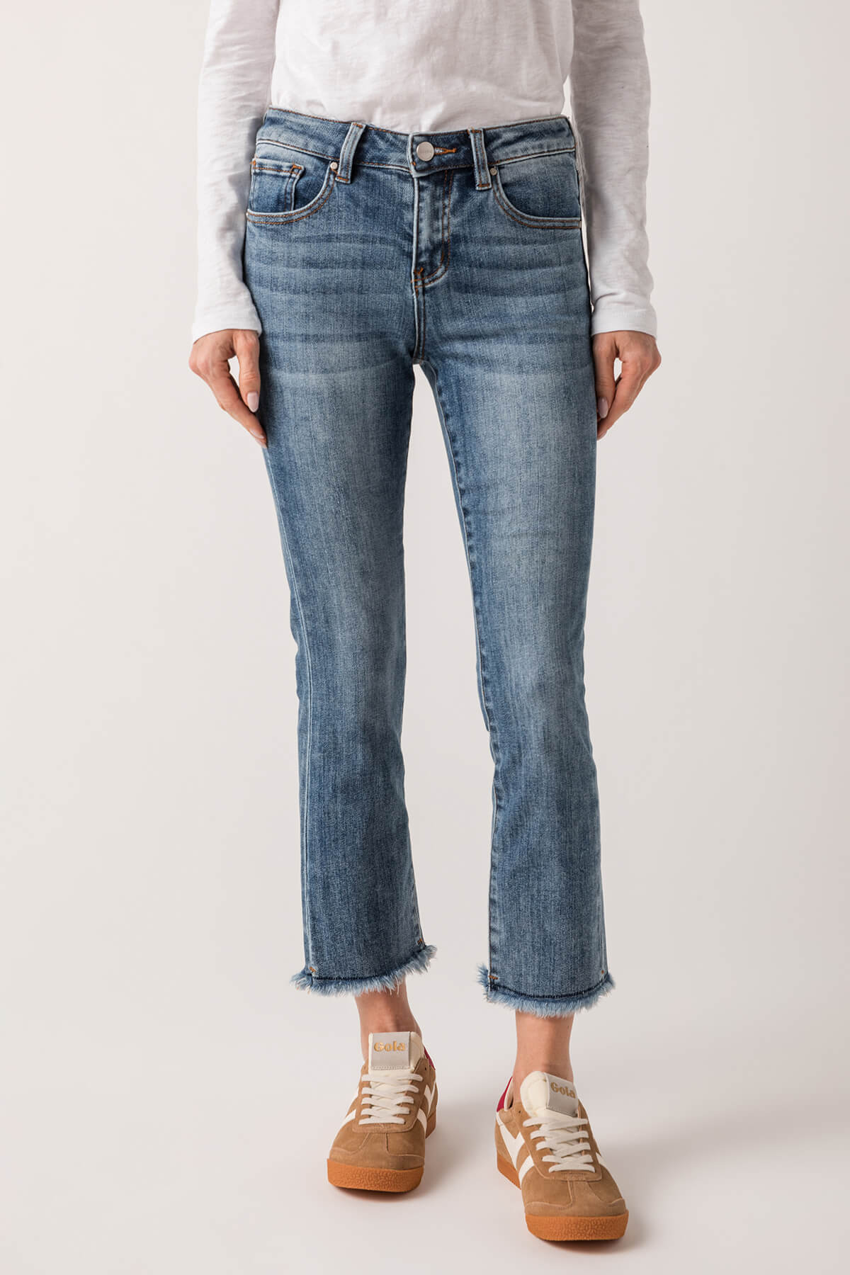 Risen Slightly Distressed Frayed Hem Straight Leg Jeans