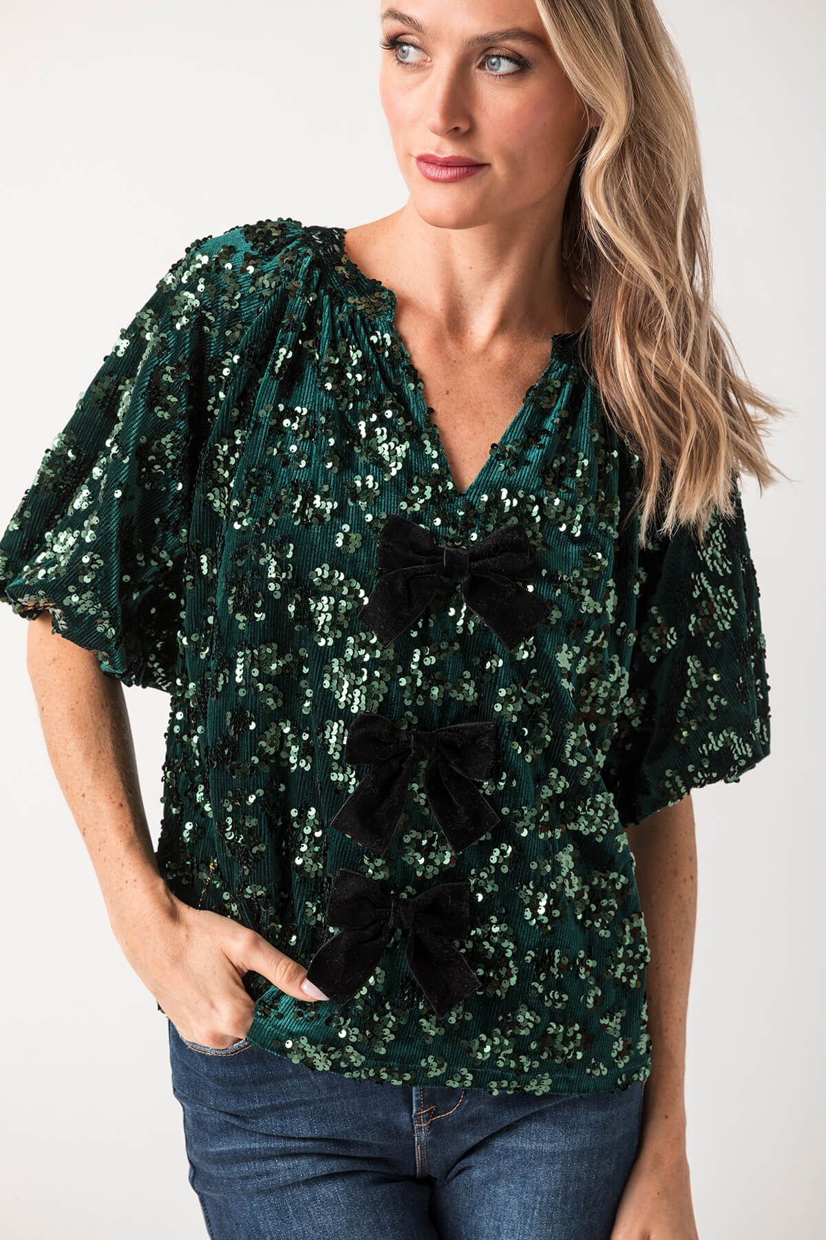 THML Bow Detail Sequin Splitneck Top