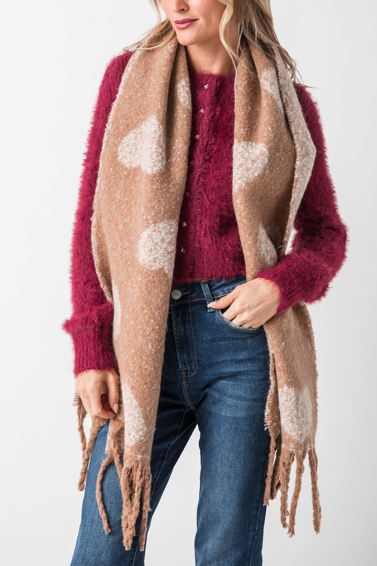 Look by M Knitted Heart Tassel Scarf