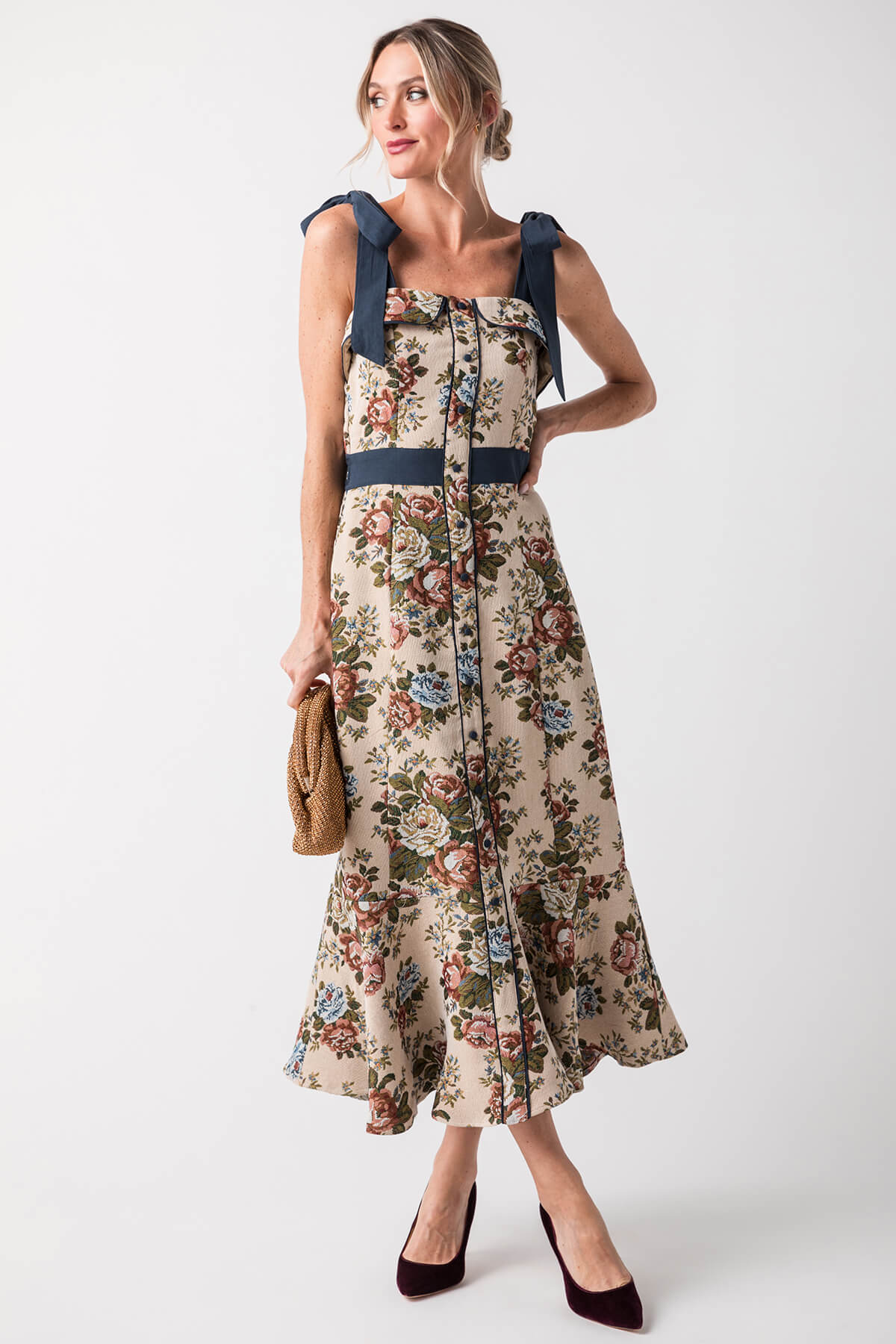 Mable Shoulder Bow Tapestry Fabric Midi Dress