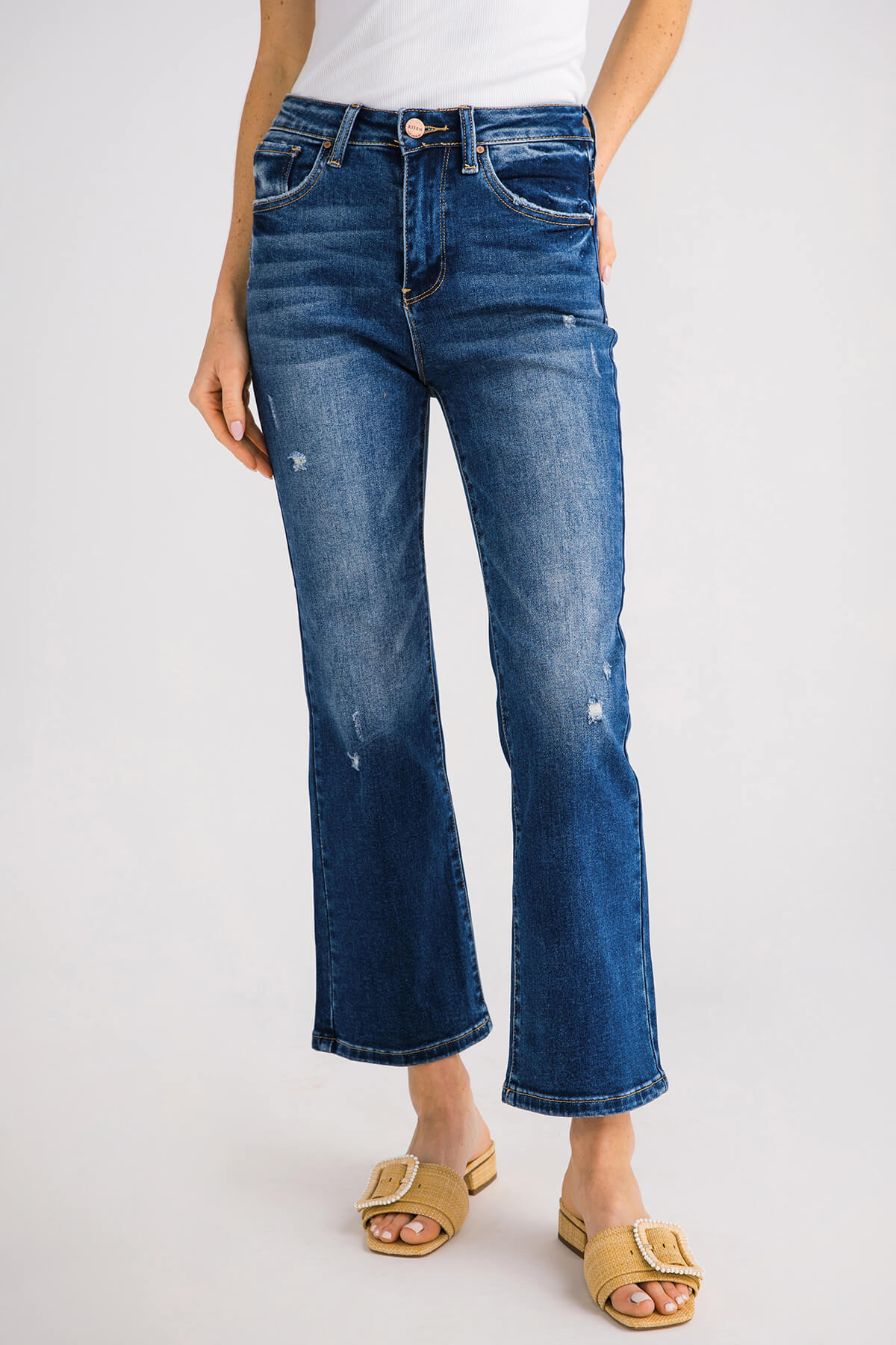 Risen Jeans - High Rise Front Patch Pocket Ankle Bootcut Jeans