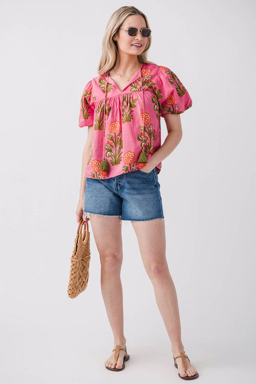 THML Printed Puff Sleeve Tassel Tie Blouse