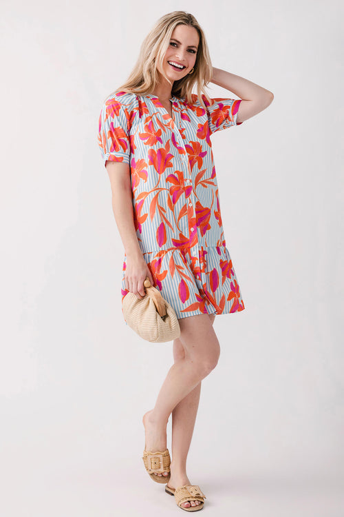 THML Puff Sleeve Floral/Striped Dress