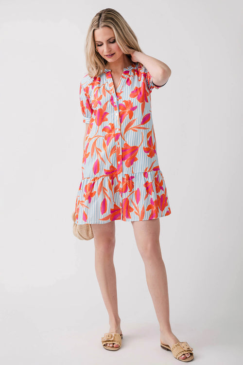 THML Puff Sleeve Floral/Striped Dress