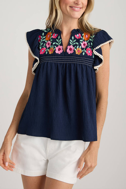 THML Embroidered Capsleeve Splitneck Top